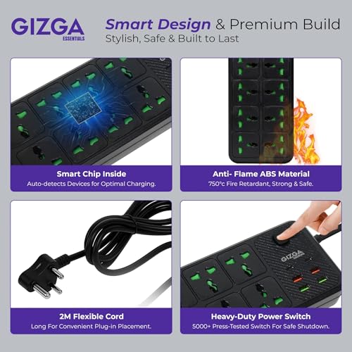 Image of Gizga essentials Power Extension Board with 8 Universal Sockets, 4 USB & 2 Type C Port| Socket with 2M Cord, Surge Protector, Child Safety, Anti-Flaming Body, 10A Output, 250V Multi Plug Adapter