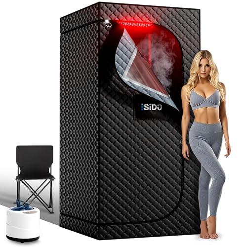 ISIDO Portable Infrared Steam Sauna with 660nm Red Light Therapy & 850nm Infrared Light Device, 3L 1300W Steamer, Folding Chair, Personal Sauna Box Sauna Tent Home Sauna