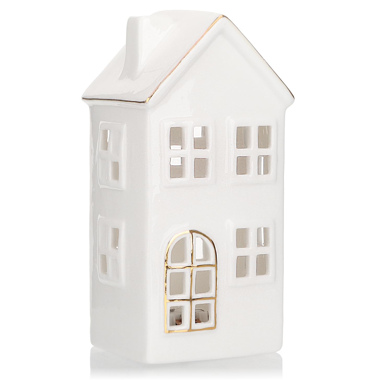 COM-FOUR® Domek LED z porcelany - latarnia na baterie - biala blyszczaca dekoracyjna latarnia do dekoracji zimowych i swiatecznych (Domek - 15cm)