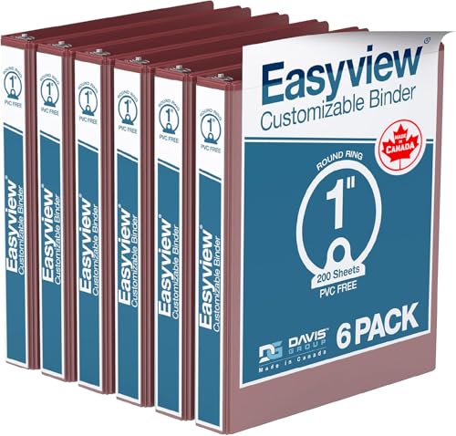 Image of Easyview 3-Ring Binder, Clear-View Cover, 1 inch Round Rings, Burgundy, 6 Pack