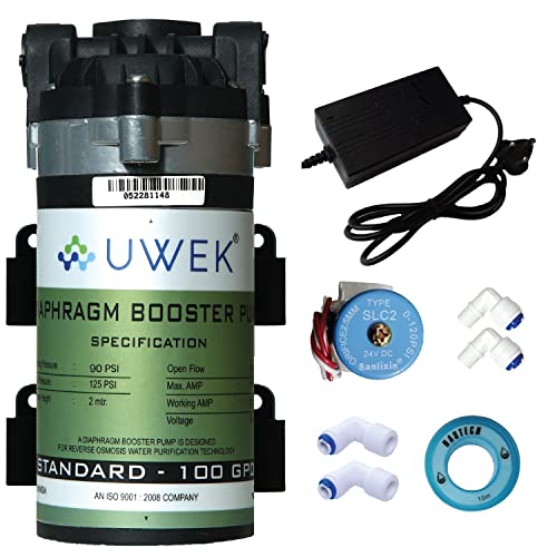 Image of UWEK STANDARD 100 GPD RO Booster Pump Motor High-Efficiency with SMPS 24V DC, Solenoid Valve(SV), Elbows, Compatible with Aquaguard, Livpure, Pureit, Havells and other RO Water Purifier, 1 Year Warranty