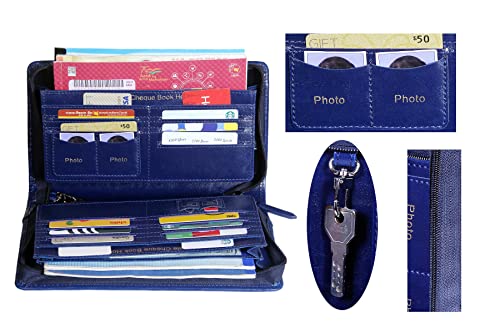 Image of Sukeshcraft Cheque Book Holder for 8 Cheque Books | Multi-Pocket Rexine Organizer I Locker Key Holder | Handy 6.25 x 10.80 x 1.80 inch. Size (Rexine - Blue)