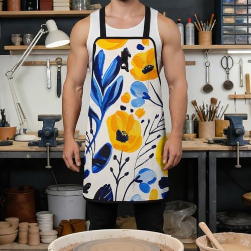 Delantal para trabajo con flores amarillas y azules y 8 bolsillos miniatura 4