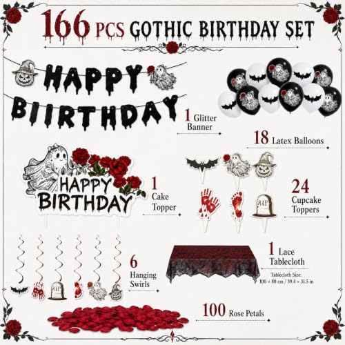 Bafeil 166PCS Halloween Birthday Goth Spooky Decorations for Girls Women - image 2