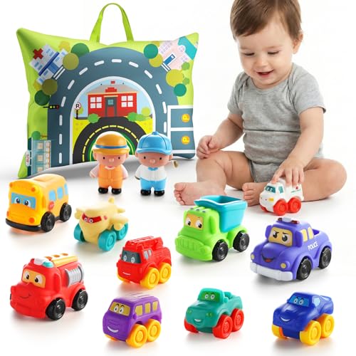 Image of ALASOU 12 PCS Soft Rubber Car Toys for 1 Year Old Boy with Playmat/Storage Bag|Baby Toys 1 Year Old Boy Gifts for Toddler Toys 1-2|1st Birthday Gift for Infant 12 18 Months