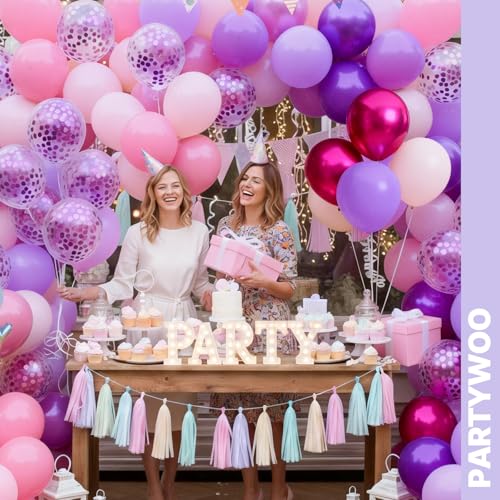 Image of PartyWoo Pink and Purple Balloons 65pcs 12 Inch Baby Pastel Light Metallic Pink Light Purple Lavender Lilac Confetti Balloons for Baby Shower Princess Butterfly Birthday Party Decorations