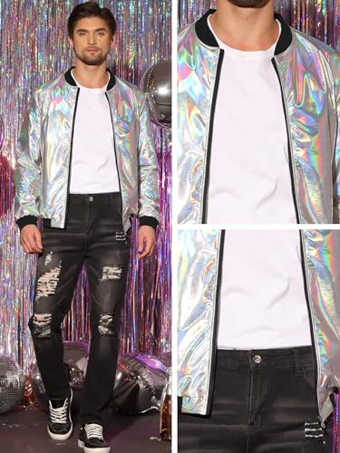 Image of Lars Amadeus Metallic Varsity Silver Holographic Jacket for Men's Zip Up Long Sleeves Shiny Silver Bomber Jacket Large
