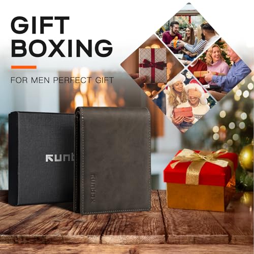 Image of RUNBOX Wallet for Men Slim Leather Bifold RFID Blocking Minimalist Front Pocket Design with Gift Box | Minimalist Front Pocket Design, Holds 8 Cards, RFID Protection, Gifts for Men on Birthdays, Father's Day, and Christmas