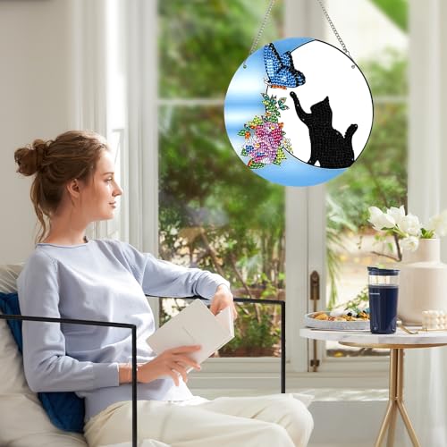 Image of AiYuanzsh Diamond Painting Hanging Pendant Kit for Adults, Crystal Rhinestone Cat & Butterfly Diamond Art Suncatcher Ornament for Door, Wall, Window, Home Decor