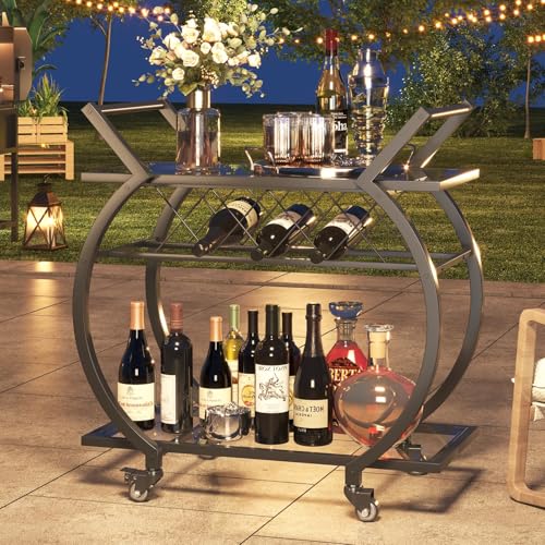 Image of LVB Bar Cart with Glass, Black Bar Cart with Wheels, Home Bar Serving Cart | 2 Tier Glass Shelves Bar Cart with Storage, Wine Cart with Wine Rack, Liquor Cart for Kitchen, Bar, Dinning Room