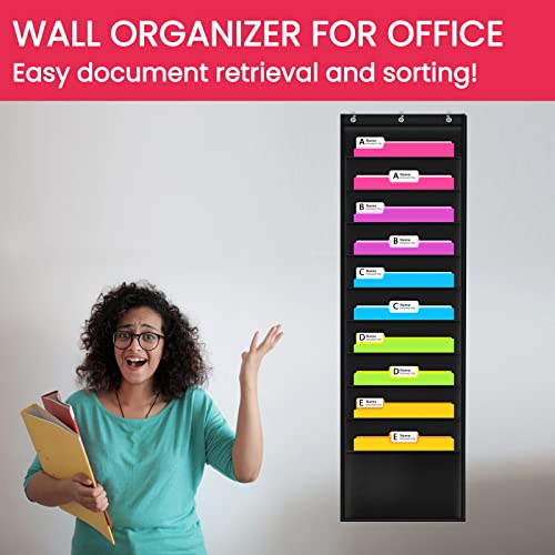 Image of Premium Hanging File Folder Organizer, 10 Pockets, & 3 Hangers Cascading Wall Organizer,Perfect for Home Organization, School Pocket Chart, Office Bill Filing. Wall or Over Door Mount