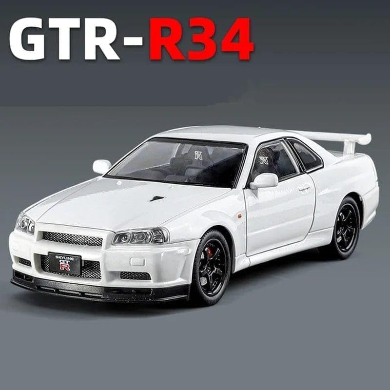 Image of 1:24 Nissan Skyline GT-R R34 Diecast Model Car, Pull Back Toy with Sound & Light, Collectible for Kids & Adults (White)