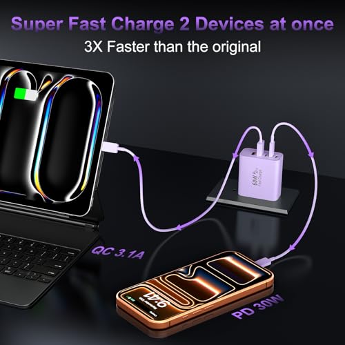 Image of USB C Fast Wall Charger Block, 2Pack 60W USBC Charging Cubes, 5-Port PD+QC Power Adapter Multiport Brick Type C Box Plug for Phone 17 /16 /15 /14 /13 /12 /11 /Pro Max /Plus, Pad Mini /Pro /S25 /S24-Lavender
