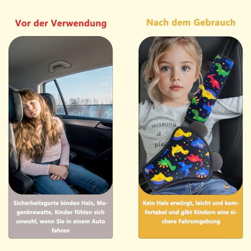QUNXON Gurtpolster Kinder Set, Verstellbares Gurtpolster Auto, Taille Gurtpolster, Abnehmbarer Gurtschutz Kinder Auto, Schulterpolster Gurtschoner für mehr Komfort auf der Reise (Dinosaurier Schwarz)