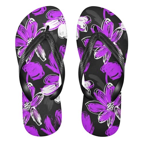 Sinestour Floral Black Purple Flip Flops for Beach Thong Sandals Anti-slip Lightweight Flat Slippers for Summer Swim Travel