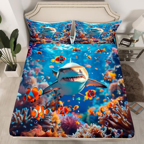 Erosebridal Shark Fitted Sheet Queen Size Kids Ocean Under The Sea Life Bed Sheets for Kids Teens Adults Underwater Fish Bed Set Coral Fish Sea Animal Sheets with Deep Pocket