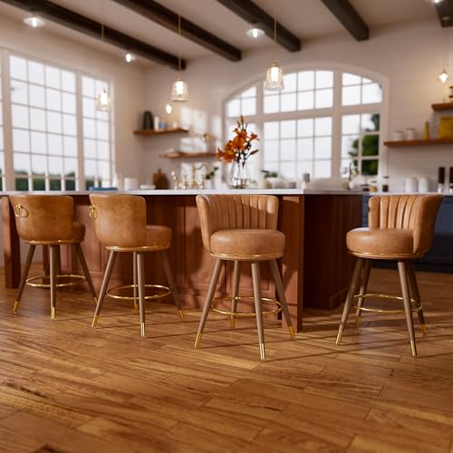 Counter Height Bar Stools Set of 4, Swivel Bar Stools with Back, 24″ H Seat Height Upholstered Counter Stools with Wood Legs and Footrest, Brown Bar Chairs for Kitchen Island, 300lbs