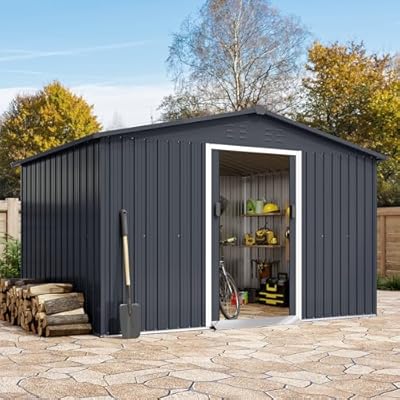 Zstar 12 x 10 FT Outdoor Storage Shed, Large Metal Tool Sheds with Sloping Roof & Lockable Doors, Steel Utility Tool Shed Waterproof Storage House for Backyard Garden Patio Lawn, Grey