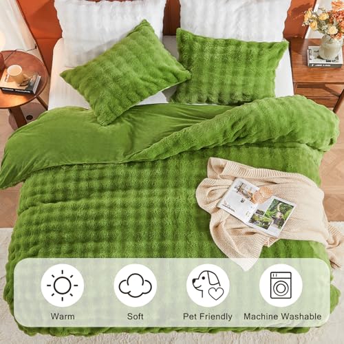 Image of EMME Faux Fur Duvet Cover Twin Size, 2 Pieces Ultra Soft Fluffy Comforter Cover, Cozy Warm for Winter, Luxury Elegant Shaggy Bubble Design Bedding, 1 Duvet Cover & 1 Pillow Shams (Twin, Green)