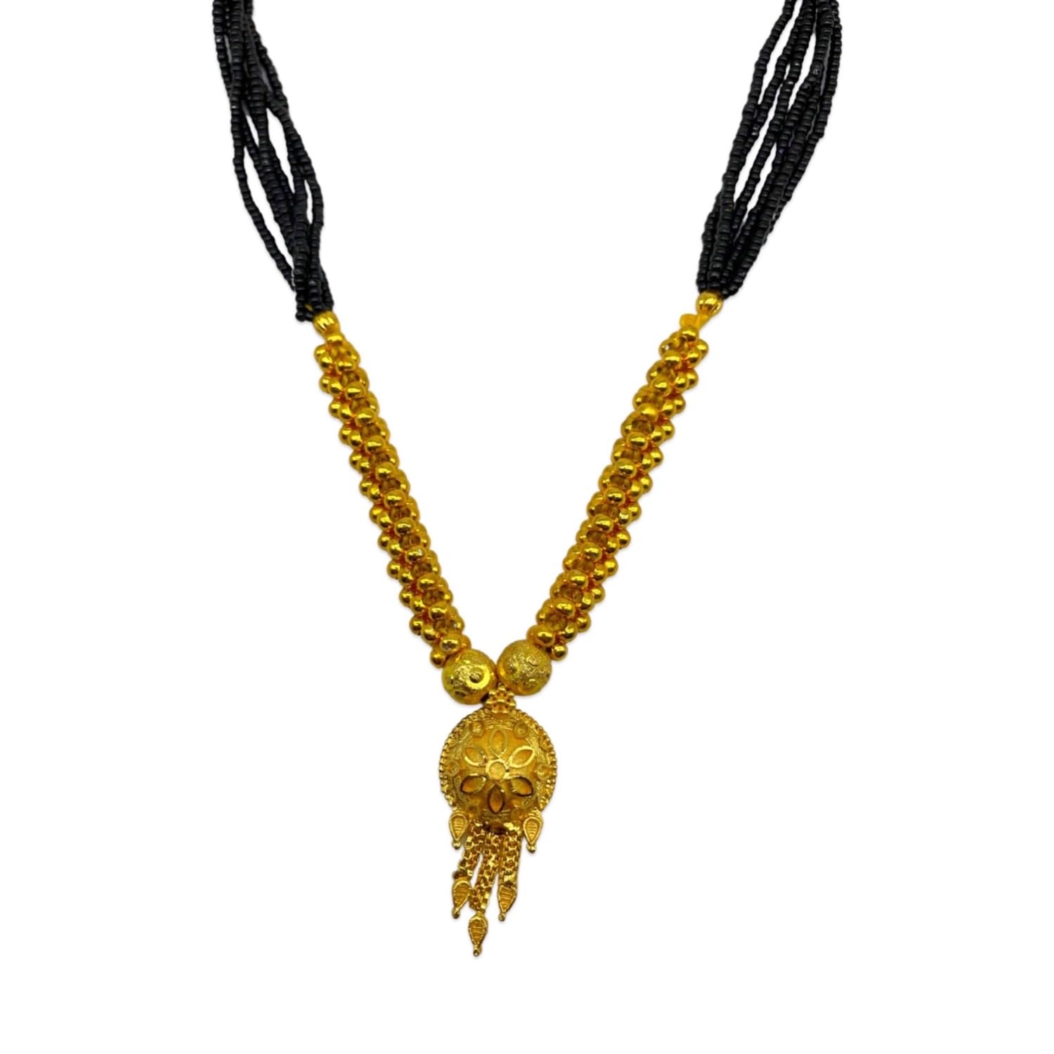 Short Mangalsutra Designs Floral Vati Pendant 6 Line Gold & Black Beads Chain Stylish New Gold Plated Necklace Simple Mangalsutra Maharashtrian Tanmaniya Designs For Women (18 Inches)-image-40