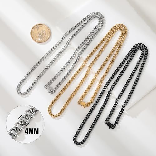 3 Pcs Chain Necklace for men, 4mm Stainless Steel Black Gold and Silver Cuban Chains Men Women, 18"/22"/26"/30 Inches3