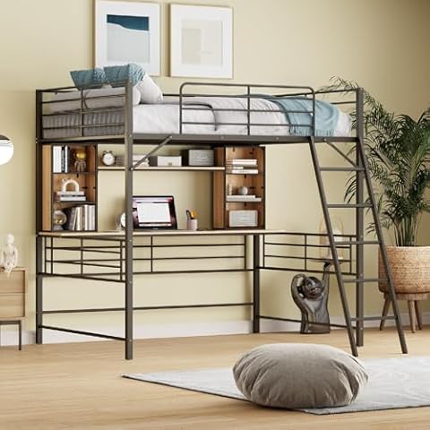Aienid Full Bed Frame Modern, Bed Frame Black Loft Bed Metal with Desk and Shelf, Ladder Max 250Lbs 75.5" L x 56.3" W x 73.1" H No Box Spring Required Cover