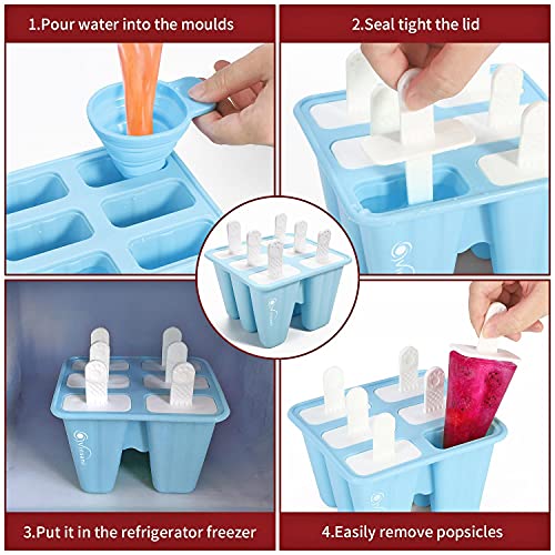 Vinsani Ice Lolly Mould Silicone 6 Cavity Popsicle Mould Reusable Ice Cream Mould Ice Pop Moulds BPA Free Easy Release Ice Lolly Maker with Non-Spill Lid for Kids Adults DIY - Blue - Image 6