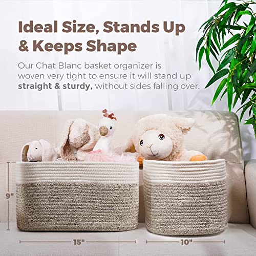 CHAT BLANC Cotton Rope Baskets for Organizing | 15”x10”x9” Storage Baskets for Shelves | Small Laundry Woven Baskets for Storage, Dog Toy Bin, Baby Basket,Off White&Brown 3 Pack - Image 5
