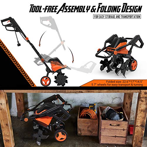TACKLIFE Electric Tiller/Cultivator, 16-INCH Tilling Width, 8-INCH Working Depth, Garden Tiller, 12 Amp, 6 Tines, Foldable Handle, Adjustable Wheels -TGTL02A