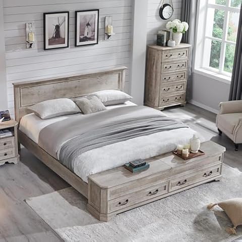 T4TREAM Farmhouse King Bed with Headboard and Storage Bench, Rustic Wood Platform Bed with 80" Storage Chest w/ 4 Large Storage Drawer, Light Rustic Oak Cover