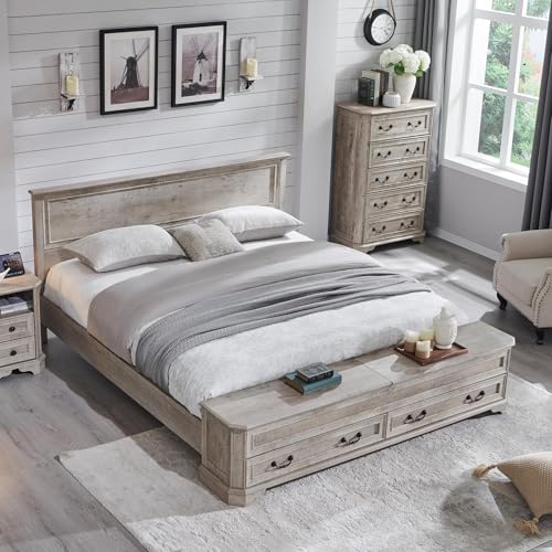T4TREAM Farmhouse King Bed with Headboard and Storage Bench, Rustic Wood Platform Bed with...