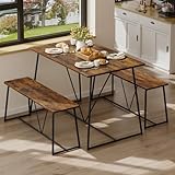 Pinmoco ダイニングテーブルセット 4人用 3点セット 幅115cm ダイニング 食卓テーブル 角丸 省スペース 木製 組み立て簡単 ビンテージ(テーブル×1、ベンチ×2)