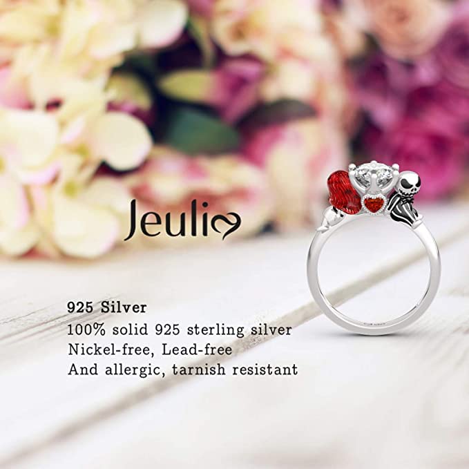 Image of Jeulia Hug Me Magic of Love Skull Couple Round Cut Sterling Silver Ring for Women Wife Girlfriend Engagement Wedding Anniversary Christmas Birthday With Jewelry Box