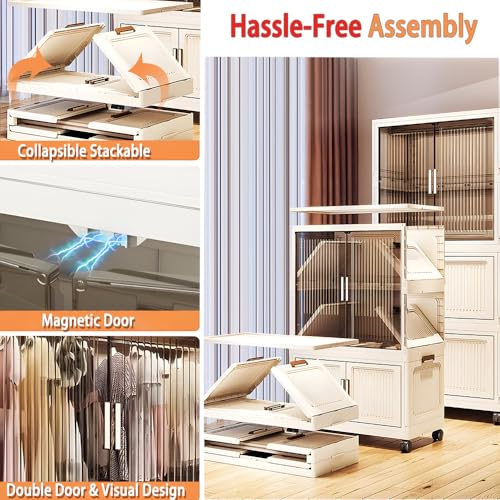 Image of EXVITO 2 Tier Stackable Kitchen Storage Drawer Organizer Cabinet with Transparent Doors, Multi-Layer Storage Bin, Space-Saving Pantry Organizer, Cupboard for Clothes, Storage Rack - Off White