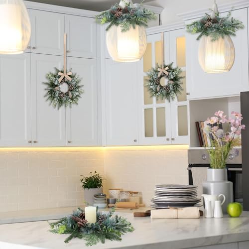 Image of 6 PCS Christmas Candle Rings Wreaths Norfolk Snowy Pine Needles Garland Pinecones Wreaths Artificial Cedar Candle Rings Holder for Christmas Wedding Home Table Centerpiece Door Window Chair Wall