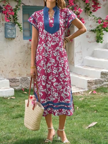 Image of Wenrine Womens Summer Floral Maxi Dress Casual Short Cap Sleeve V Neck Color Block Side Slit Loose Boho Beach Dresses