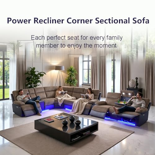 Image of Power Recliner Sectional Sofa Set with LED Lights, Living Room Furniture Sets, L Shaped Reclining Sectional Couch and 3 Seats Sofa, Corduroy Couch with Coffee Table /Storage for Living Room