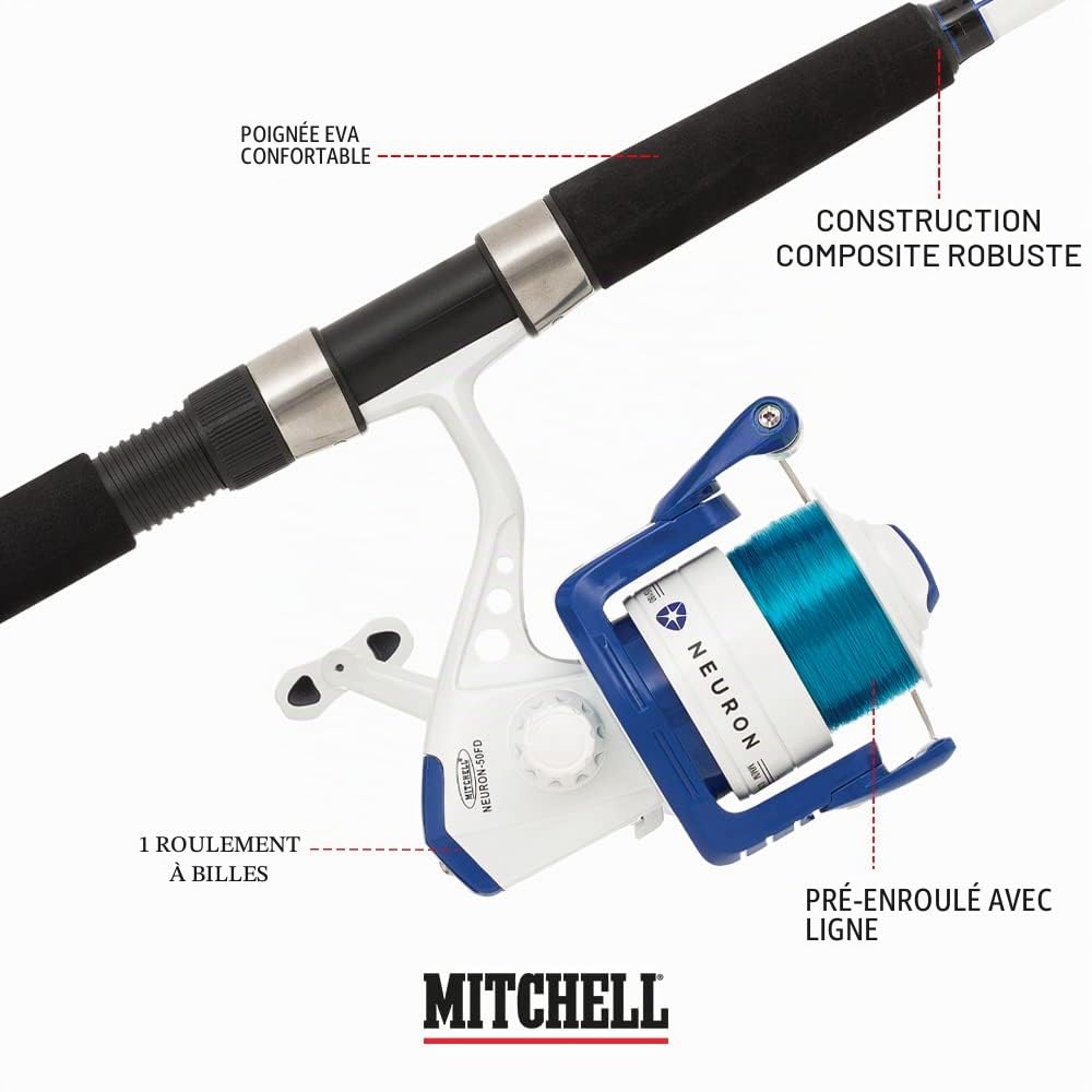 Mitchell Neuron Dorade Ensemble Canne, Moulinet, Accessoires et leurres pour la pêche de la dorade en mer, Blanc/Bleu