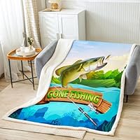 Lake Fishing Bed Blanket Kids Girls Bass Fish Sherpa Blanket Soft Cozy Lightweight Fishing Rod Plush Fleece Hunting and Fishing Blanket Gifts for Bed Chair Office Sofa(Throw 50\"x60\")