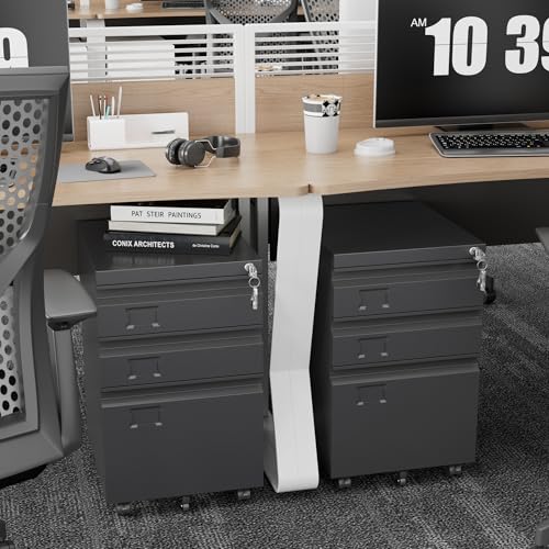 Image of Aobabo 3 Drawer Metal File Cabinet with Lock and 5 Wheels, Black