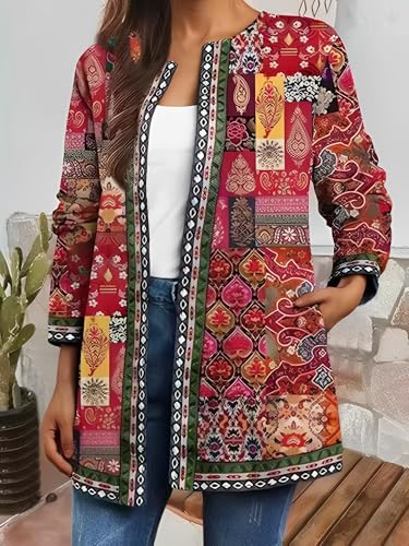 Akivide Women's Boho Ethnic Floral Print Long Sleeve Jacket Coat 2025 Trendy Fall Oversize Cardigan for Women with Pocket2