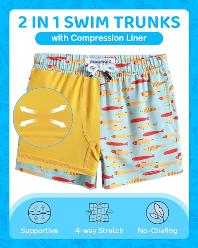 Image of maamgic Boys Swim Trunks with Compression Liner 4-Way Stretch Quick Dry Bathing Suit Toddler Beach Shorts