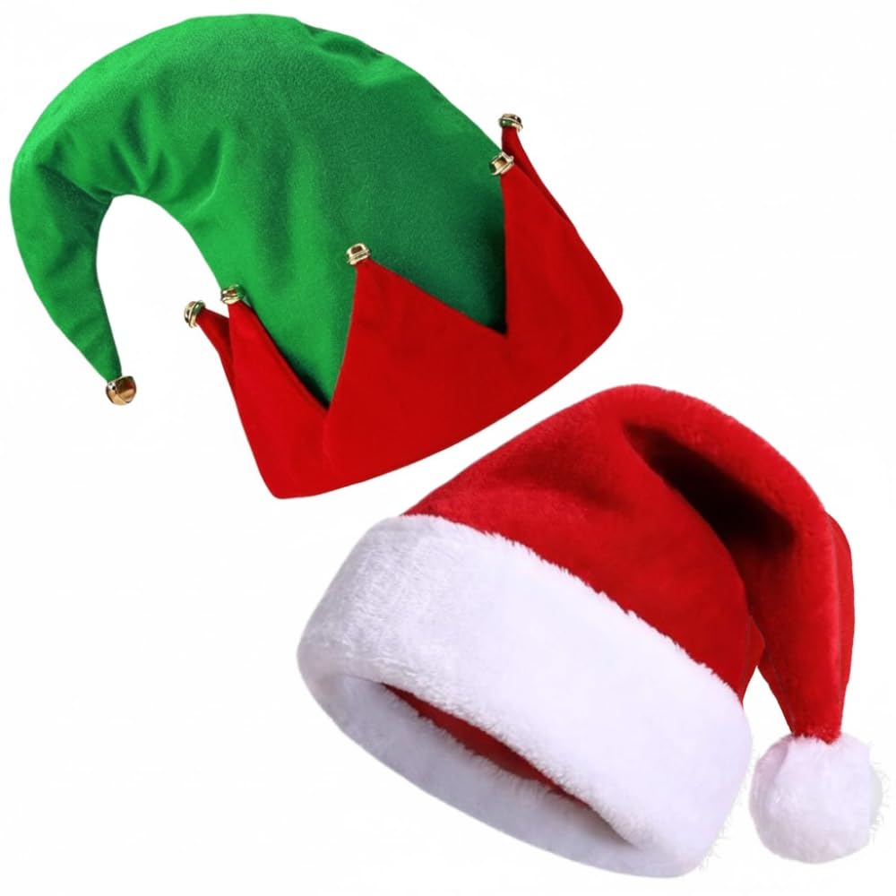ZANGOC 2X Novelty Christmas Hats Pack -Christmas Santa Red Plush Hat + Elf Hat with Bell Rings -Holiday Costume Accessories for Adults & Kids