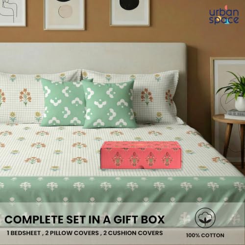 Image of Urban Space Festive Gifting Set - 100% Cotton Double Bedsheet with 2 Pillow Covers and 2 Cushion Covers, Bedsheet Set in Gift Box, 90 x 100 Inch, Magnolia Green| Diwali, Festive & Housewarming Gift