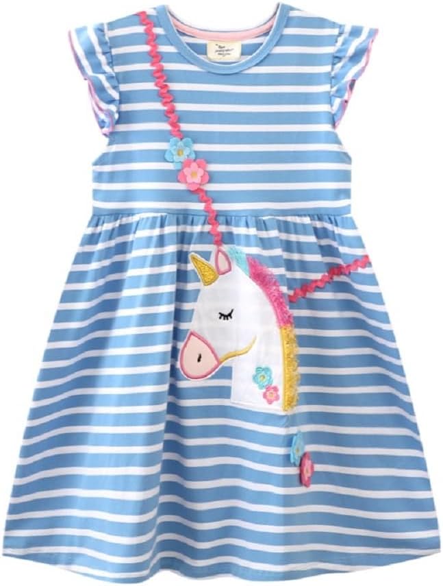 Hongshilian Little Girls Cotton Casual Dress Cartoon Print T-Shirt Short Sleeve Skirt Dresses