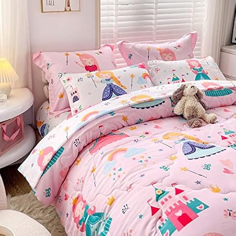 Wajade Kids Pink Princess Comforter Set Bed in A Bag Full Size 7 Piece Princess Fairy Tales Castle Bedding Set for Girl (1 Comforter, 1 Flat Sheet, 1 Fitted Sheet, 2 Pillowcase and 2 Pillow Sham) Cover