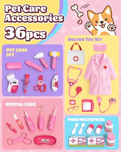 Image of Eohemeral Pet Vet Kit for Kids with 2 Plush Pets (Dog&Cat) &Doctor Costume | 36Pcs Interactive Veterinarian Playset for Toddlers 3-5 to Overcome Fear of Doctors- Pretend Play Animal Hospital Toy Gift