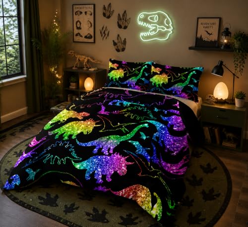 Image of QOOMO Rainbow Dinosaur Comforter Set for Girls Boys, Twin | Cartoon Dino Kids Bedding, 1 Comforter + 2 Pillowcases, Shiny Glitter, Bedroom Decor