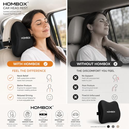 Image of HOMBOX Car Neck Rest Pillow | Ultrasoft Pillow for Comfortable Car Rides | Superior Neck Support Cushion | Relieves Neck Pain | Memory Foam Head Rest Pillow with Washable Velvet Cover | Black