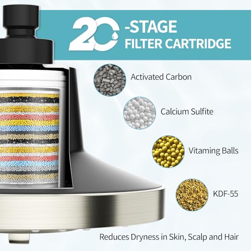 Image of SR SUN RISE Filtered Shower Head with Filters, 20-Stage Shower Head Filter for Hard Water, High Pressure Showerhead with Easy-Replace Cartridge to Remove Chlorine (7-Inch, Brushed Nickel)